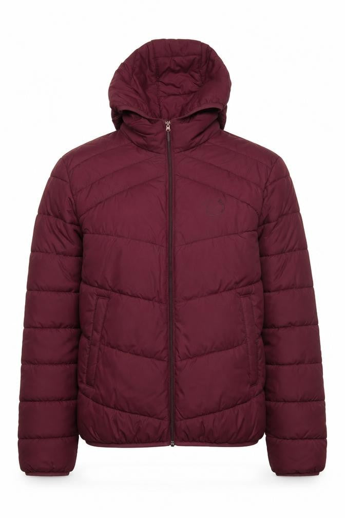 Front view of Jack & Jones Men's Red Hooded Puffer Jacket, size M, Regular Fit