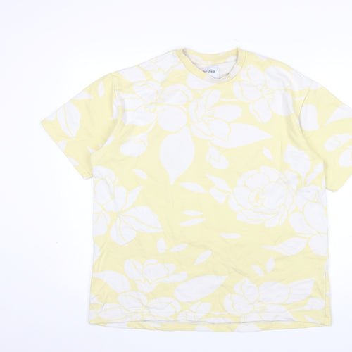 Bershka Men's Yellow Floral Cotton T-Shirt Size M