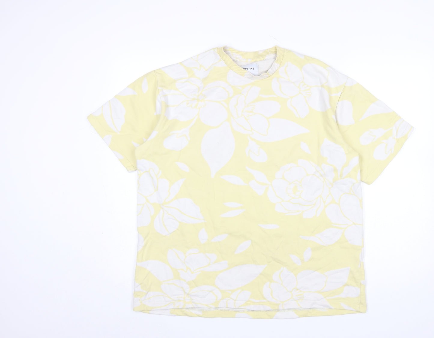 Bershka Men's Yellow Floral Cotton T-Shirt Size M
