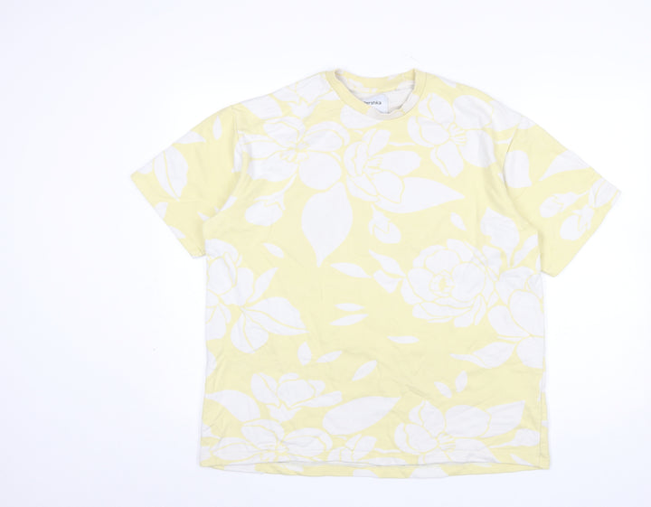Bershka Men's Yellow Floral Cotton T-Shirt Size M
