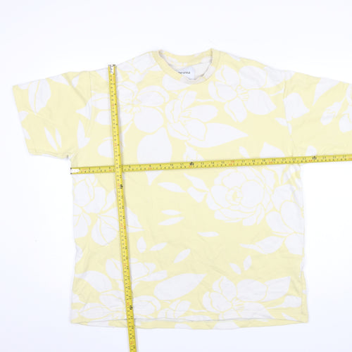 Bershka Men's Yellow Floral Cotton T-Shirt Size M