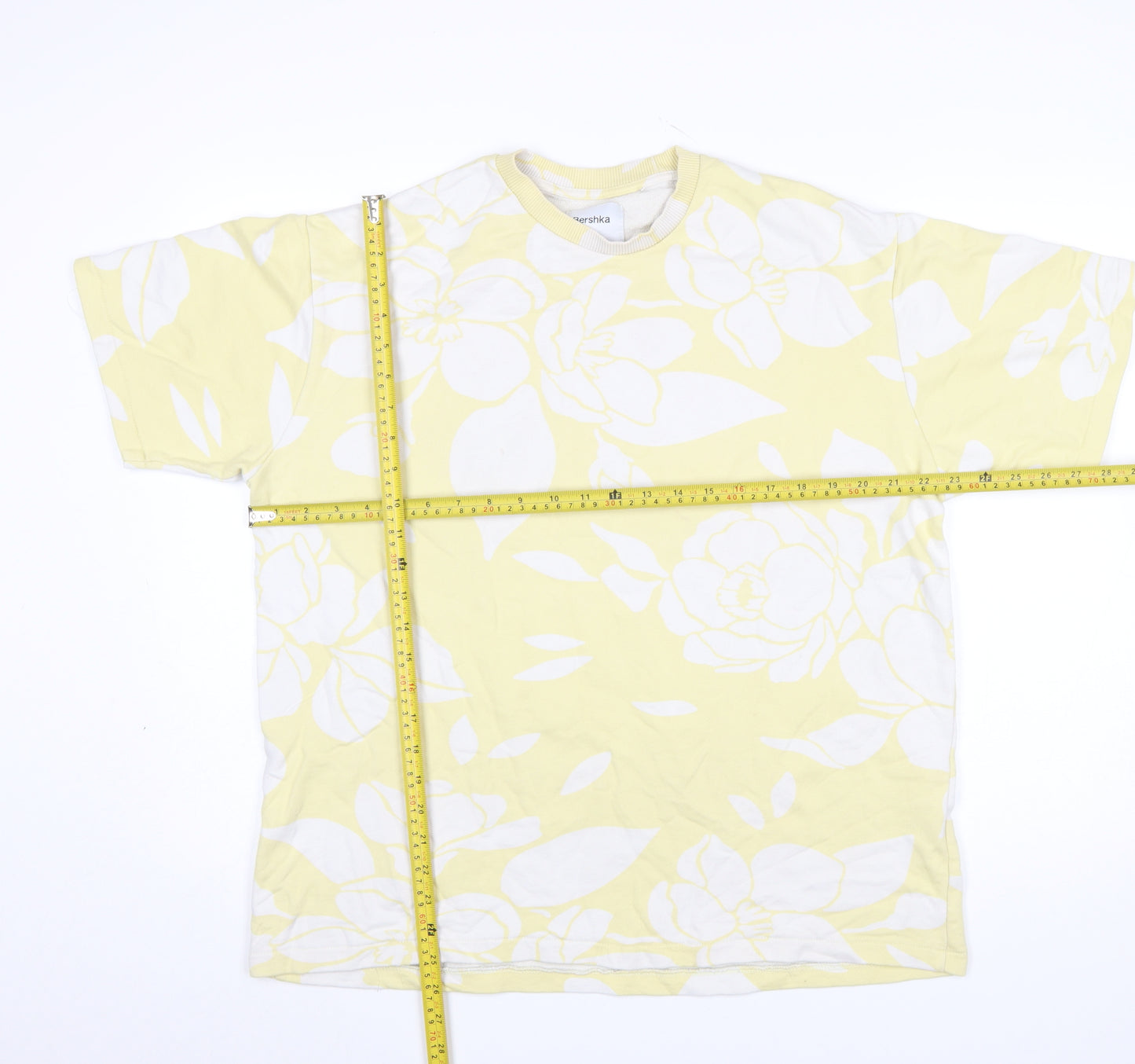Bershka Men's Yellow Floral Cotton T-Shirt Size M