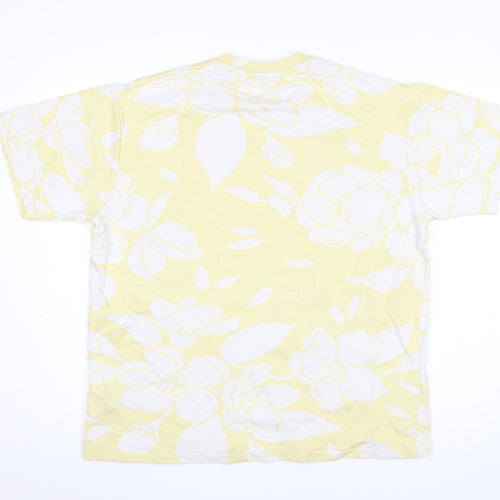 Bershka Men's Yellow Floral Cotton T-Shirt Size M