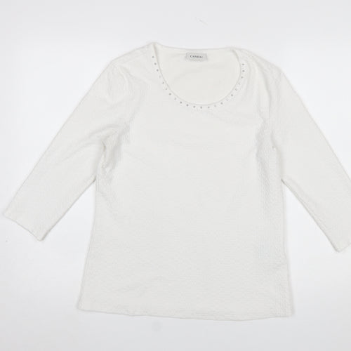 Canda Women's White 3/4 Sleeve Stretch Beaded Top Size S