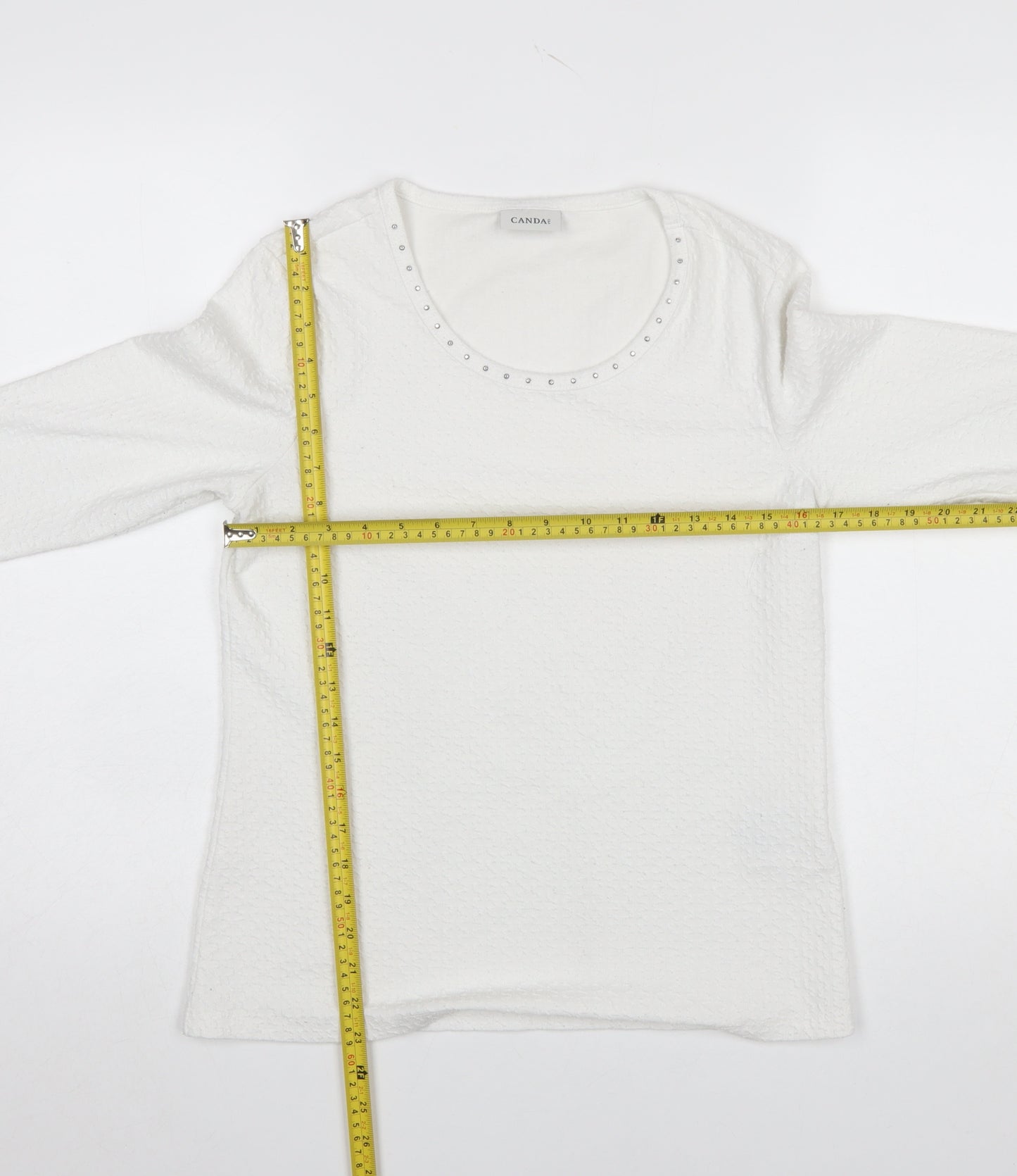 Canda Women's White 3/4 Sleeve Stretch Beaded Top Size S