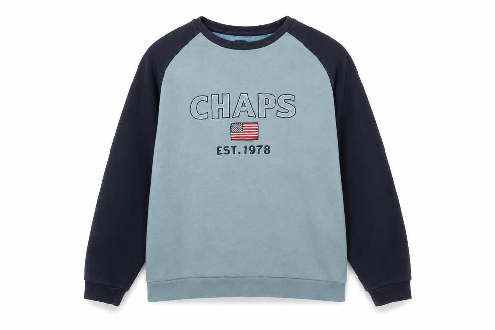 Front view of Chaps Men's Blue Crew Neck Pullover Sweatshirt, size L, Embroidered Logo