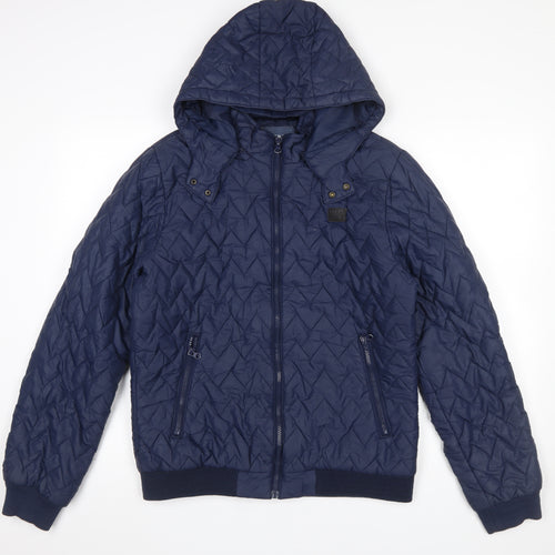 Blend Men's Blue Hooded Puffer Jacket Size M Quilted Nylon