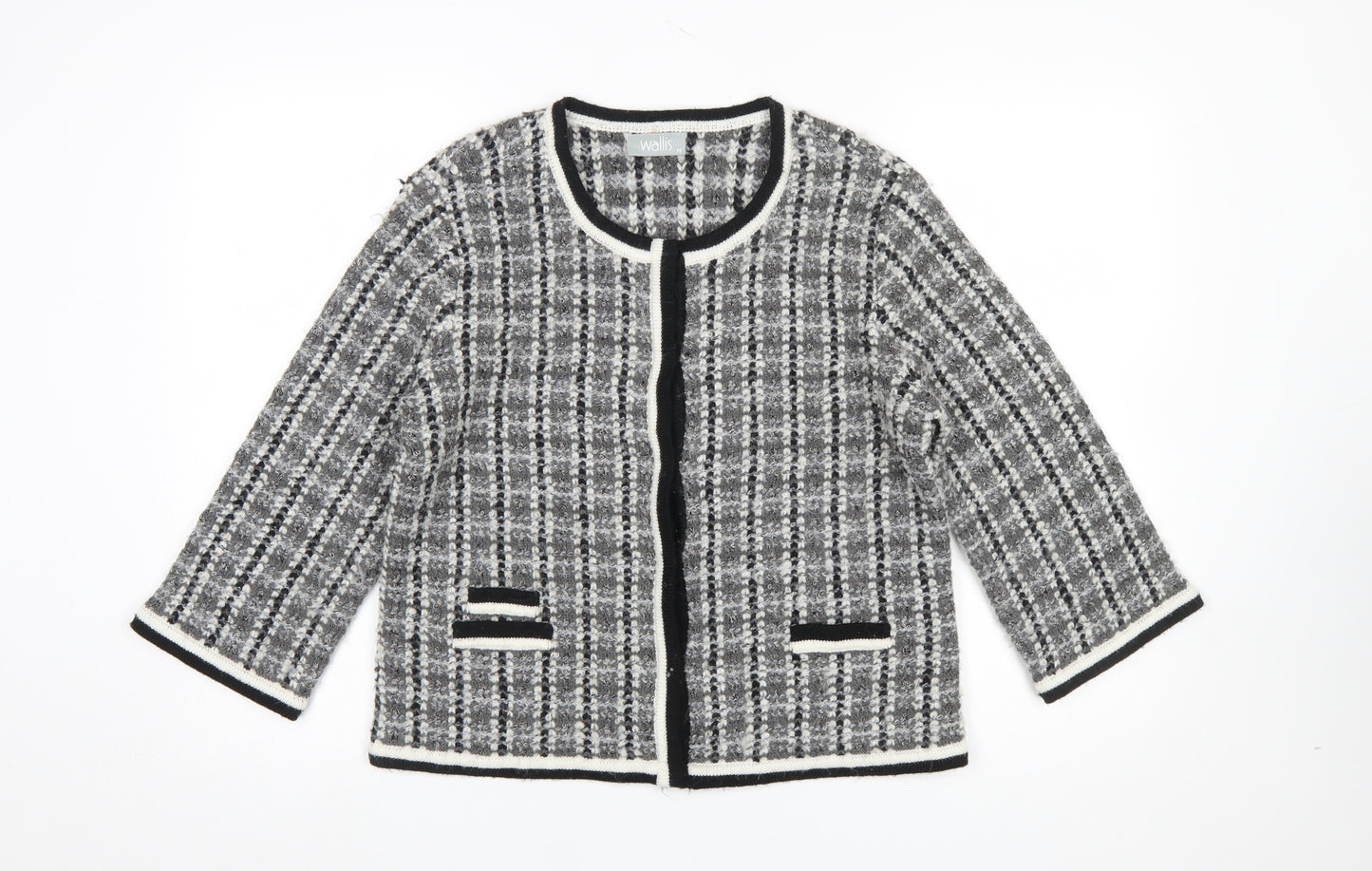 Wallis Women Grey Check Knit 3/4 Sleeve Cardigan Size M