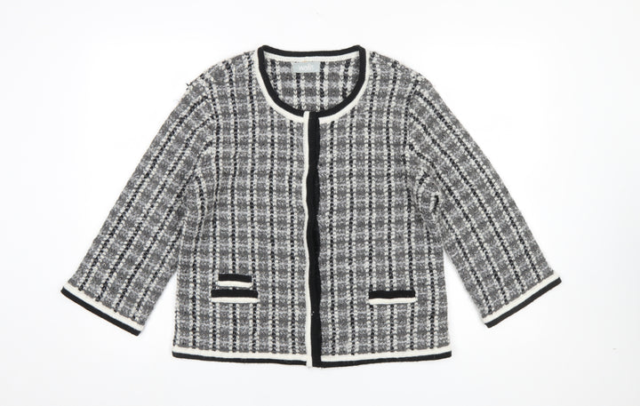 Wallis Women Grey Check Knit 3/4 Sleeve Cardigan Size M