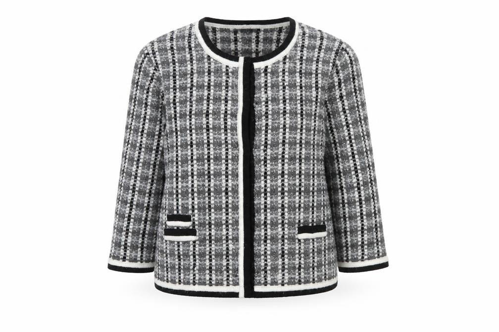 Front view of Wallis Women Grey Check Knit 3/4 Sleeve Cardigan, size M