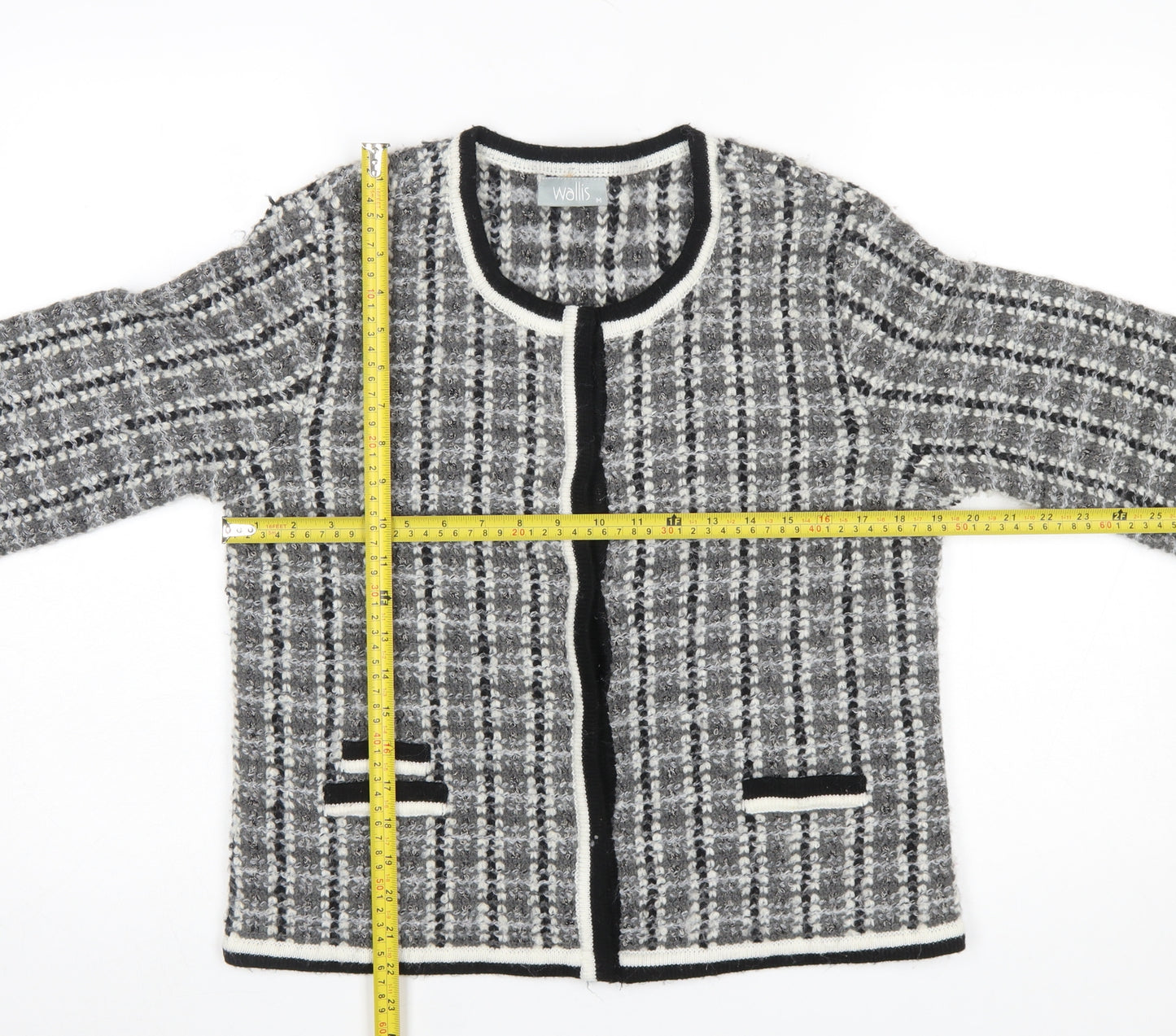 Wallis Women Grey Check Knit 3/4 Sleeve Cardigan Size M