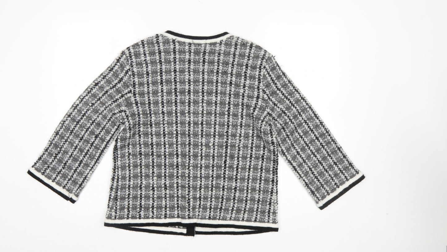 Wallis Women Grey Check Knit 3/4 Sleeve Cardigan Size M