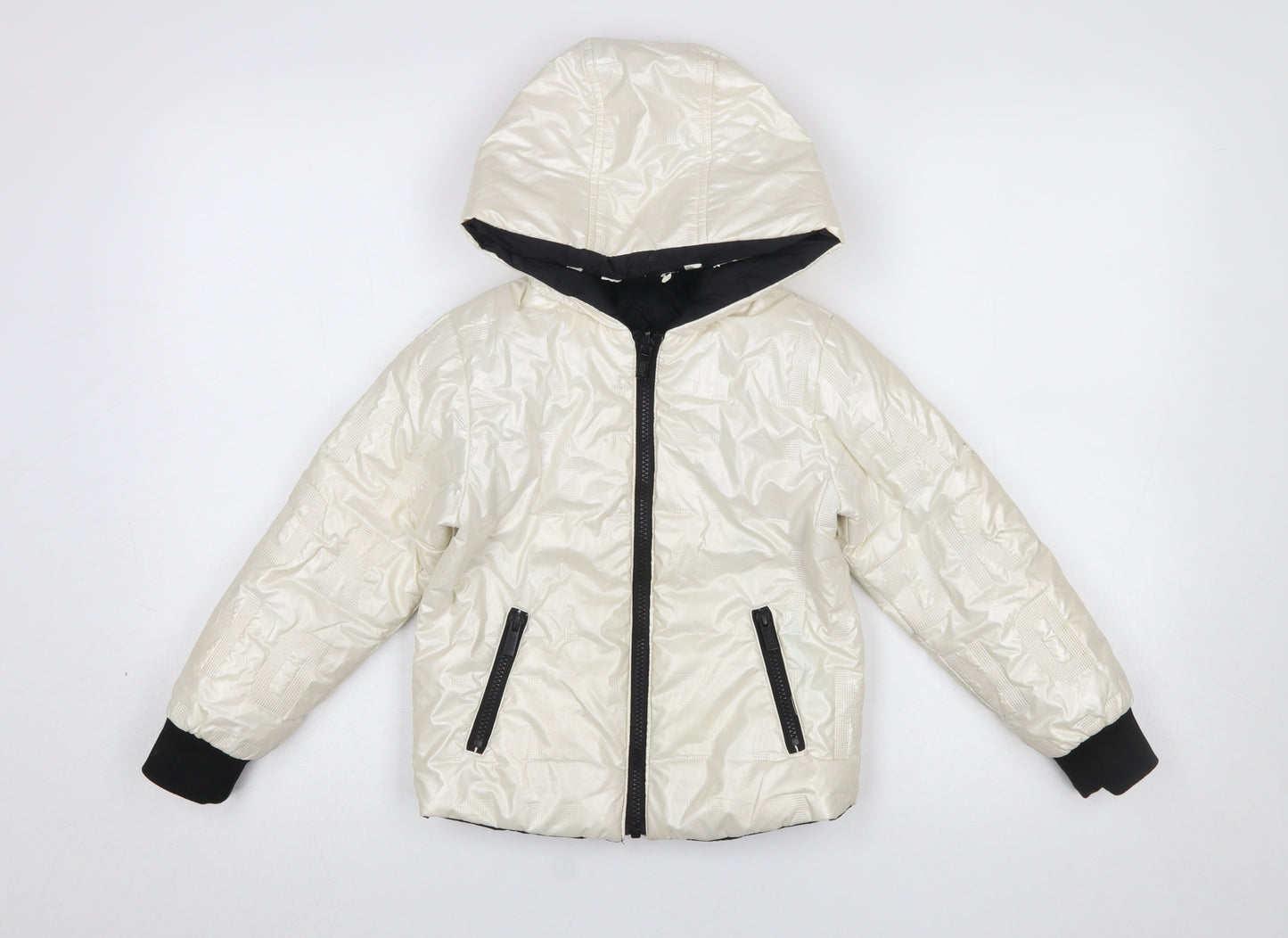 DKNY Girls Ivory Hooded Puffer Jacket Size 10 Years Lined Zip Up Winter Coat