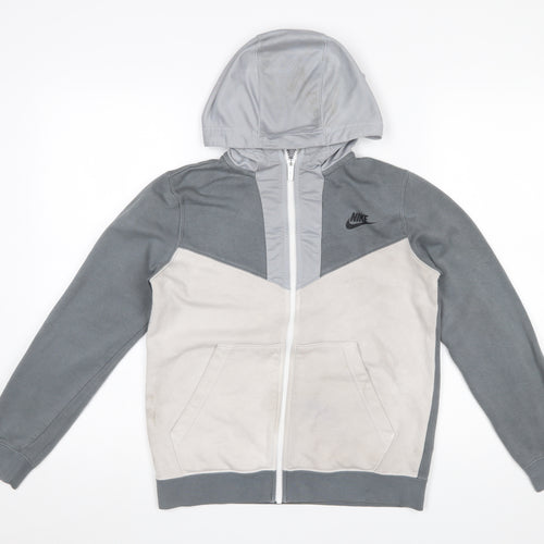Nike Boys Grey Full Zip Hoodie Large 147-158cm Logo Print Casual Sportswear
