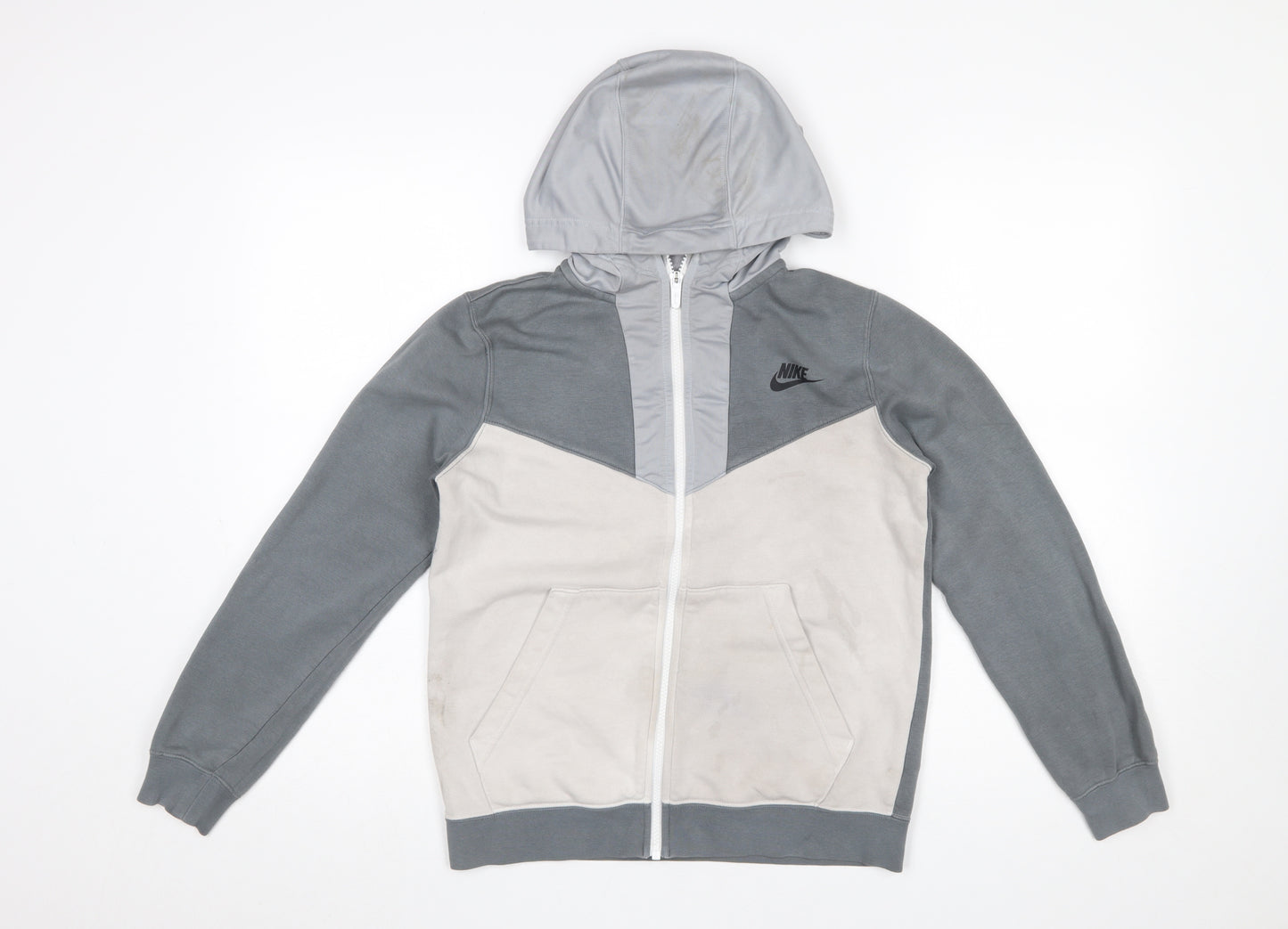 Nike Boys Grey Full Zip Hoodie Large 147-158cm Logo Print Casual Sportswear