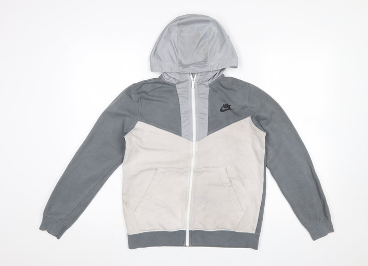 Nike Boys Grey Full Zip Hoodie Large 147-158cm Logo Print Casual Sportswear
