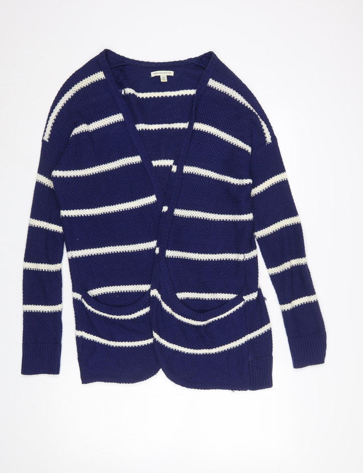 American Eagle Outfitters Women's Blue Striped Cardigan L V-Neck Knit