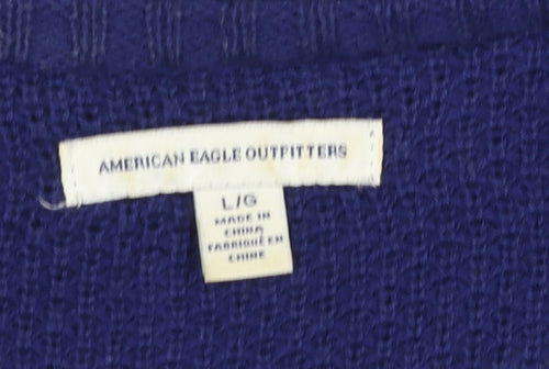 American Eagle Outfitters Women's Blue Striped Cardigan L V-Neck Knit