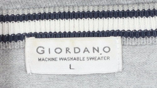 Giordano Men's Grey Striped Cotton Knit Jumper L