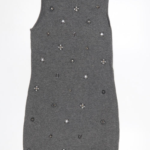 Warehouse Women Grey UK 12 Sleeveless Embellished Knit Mini Dress