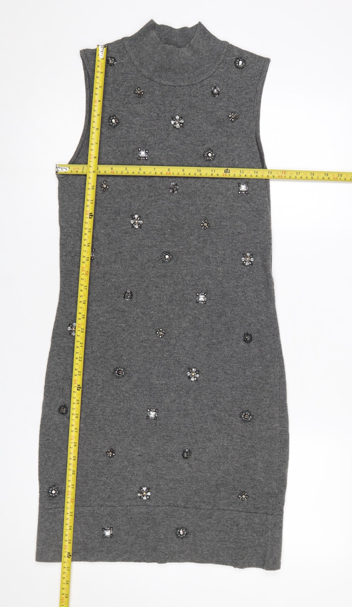 Warehouse Women Grey UK 12 Sleeveless Embellished Knit Mini Dress