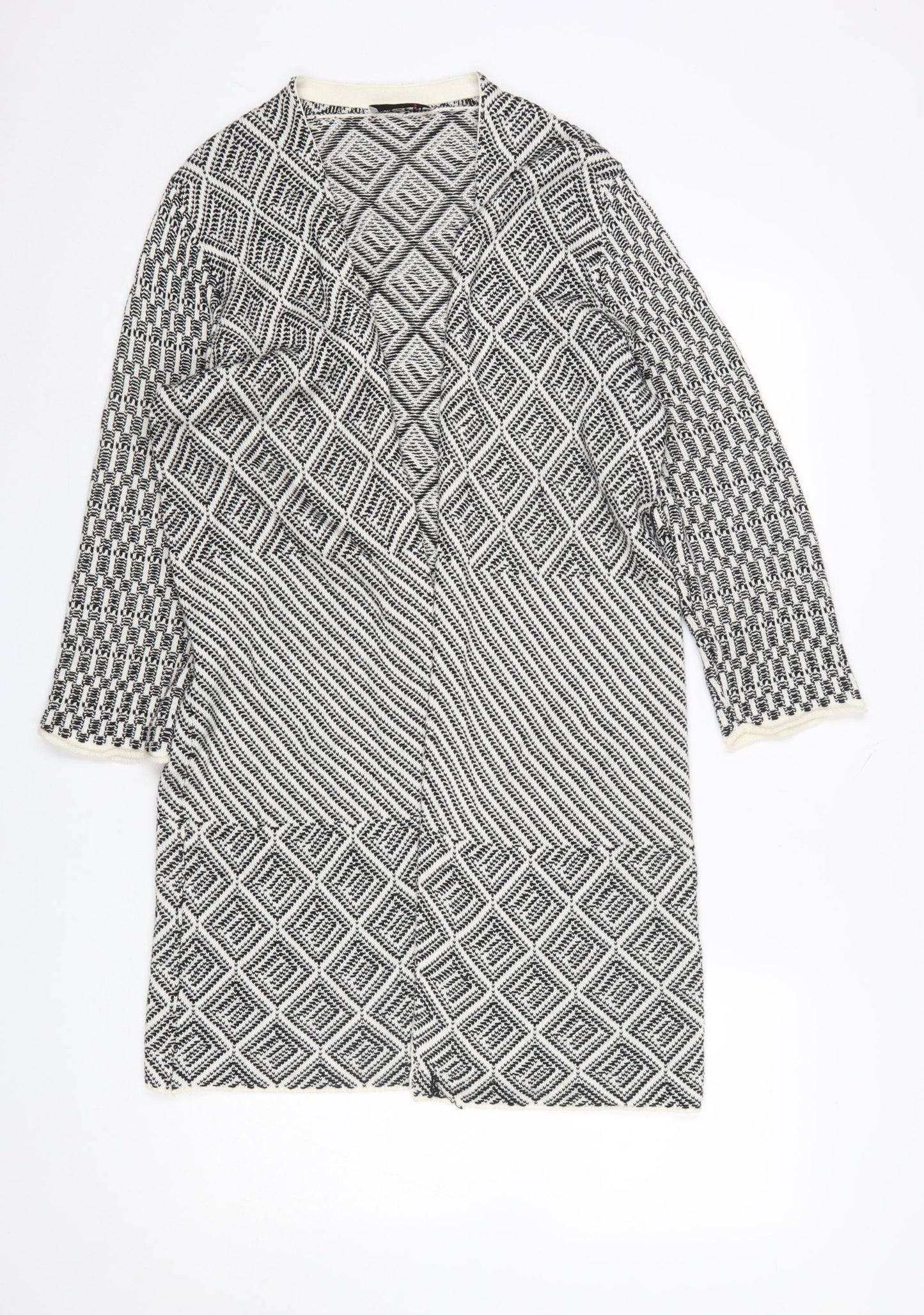 Looxent Womens Black White Geometric Knit Longline Cardigan Size 12