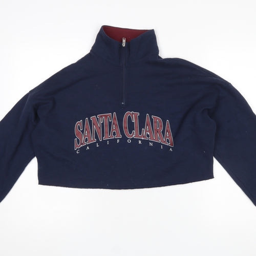 Hollister Women's Navy 1/4 Zip Cropped Sweatshirt XS Santa Clara Print