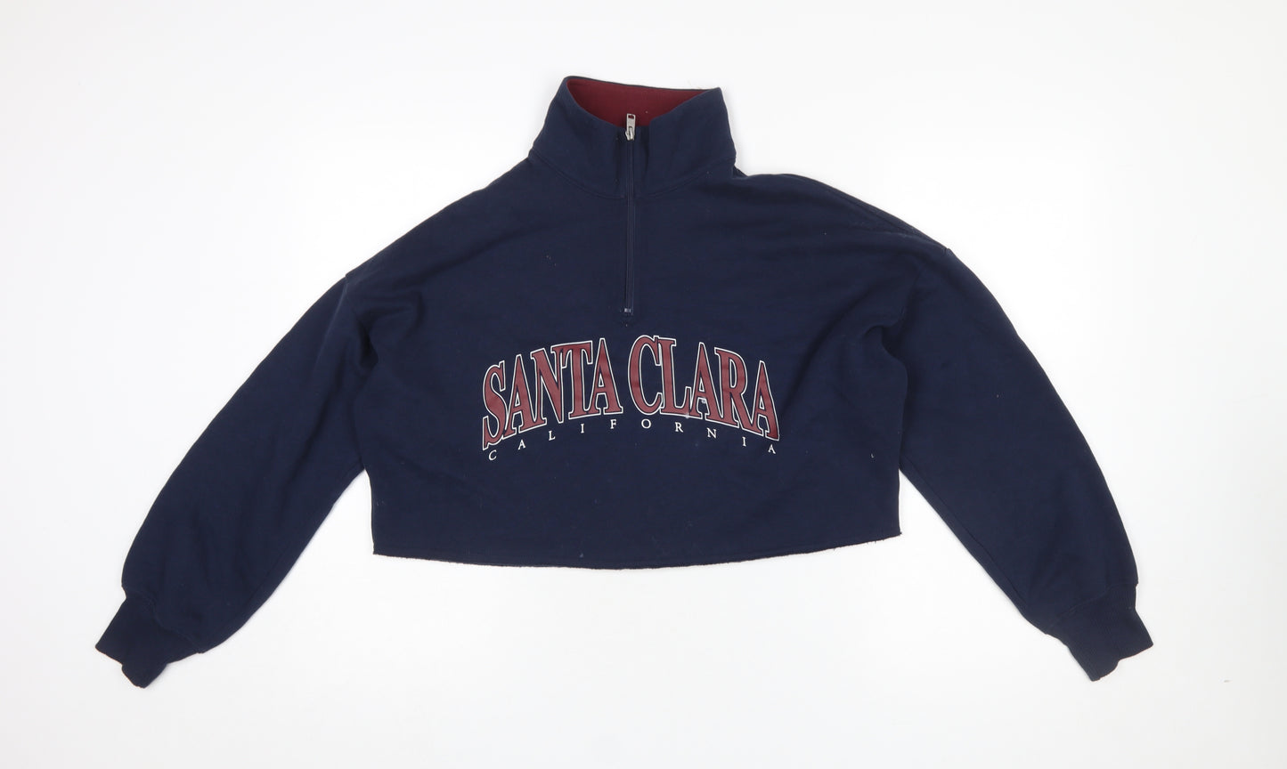 Hollister Women's Navy 1/4 Zip Cropped Sweatshirt XS Santa Clara Print