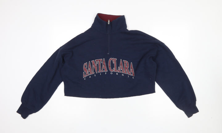 Hollister Women's Navy 1/4 Zip Cropped Sweatshirt XS Santa Clara Print