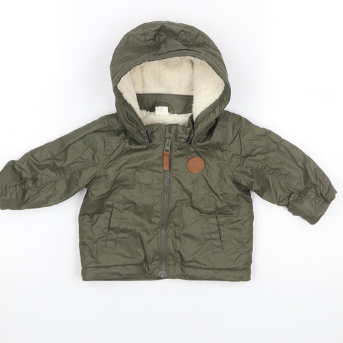 H&M Unisex Baby Green Hooded Puffer Jacket 6 Months Lined Winter Coat