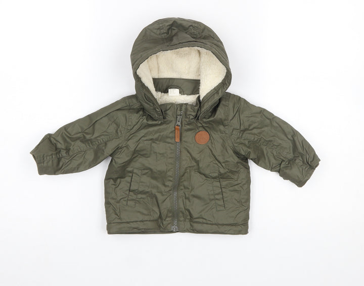 H&M Unisex Baby Green Hooded Puffer Jacket 6 Months Lined Winter Coat