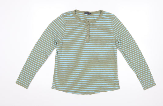 Marks and Spencer Women Green Striped Cotton Long Sleeve Henley Top Size 14