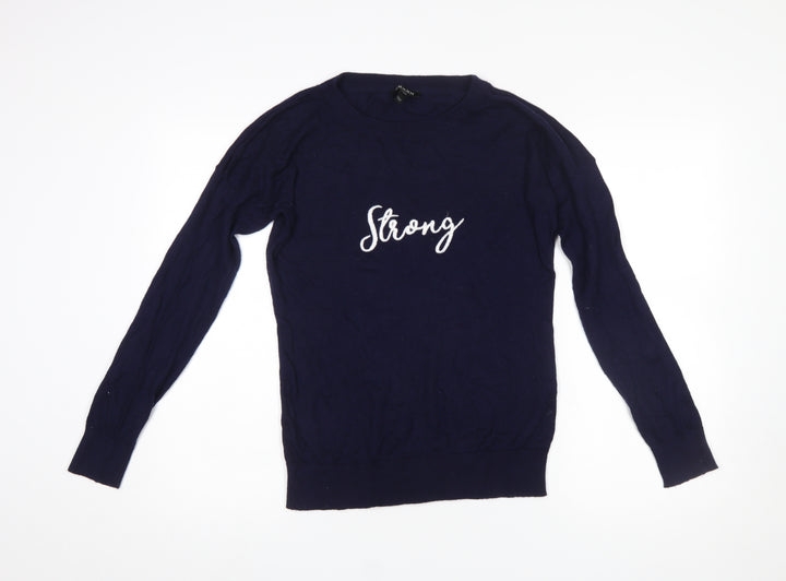 Baukjen Women Blue Crew Neck Embroidered Pullover Jumper UK 10