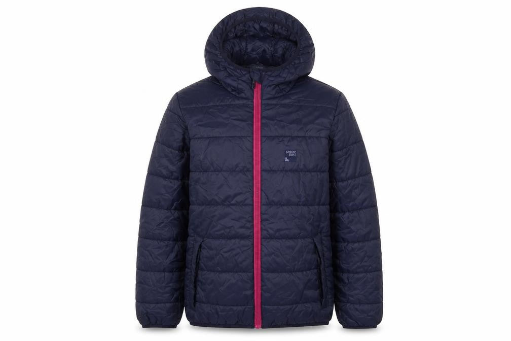 Front view of Sprayway boys’ blue hooded puffer jacket 12-13 years lightweight insulated