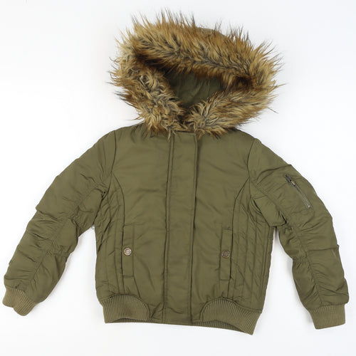 Next Boys Green Hooded Faux Fur Trim Bomber Jacket 7 Years Polyester Lined