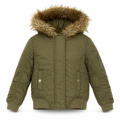 Next Boys Green Hooded Faux Fur Trim Bomber Jacket 7 Years Polyester Lined