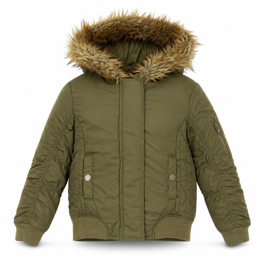 Next Boys Green Hooded Faux Fur Trim Bomber Jacket 7 Years Polyester Lined