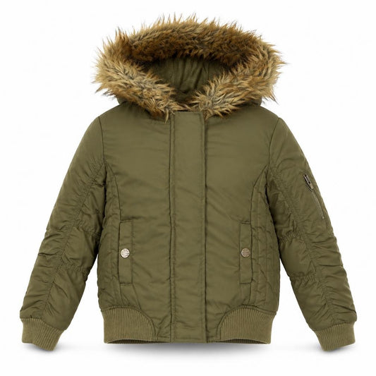 Front view of Next boys’ green hooded faux fur trim bomber jacket 7 years polyester lined