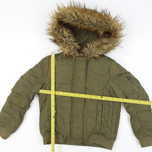 Next Boys Green Hooded Faux Fur Trim Bomber Jacket 7 Years Polyester Lined