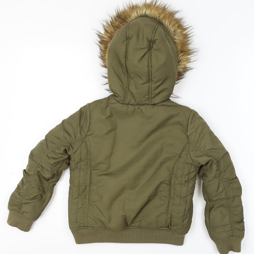 Next Boys Green Hooded Faux Fur Trim Bomber Jacket 7 Years Polyester Lined