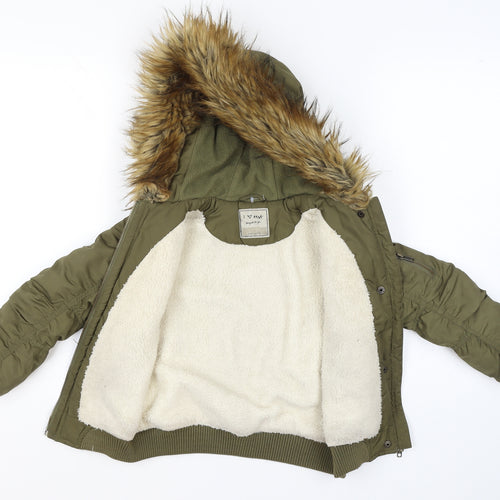 Next Boys Green Hooded Faux Fur Trim Bomber Jacket 7 Years Polyester Lined