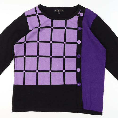 Mudflower Women’s Purple Black Check Knit Jumper M Crew Neck