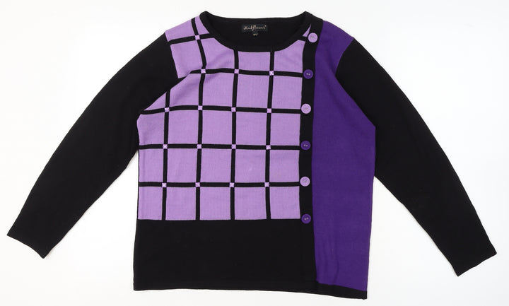 Mudflower Women’s Purple Black Check Knit Jumper M Crew Neck