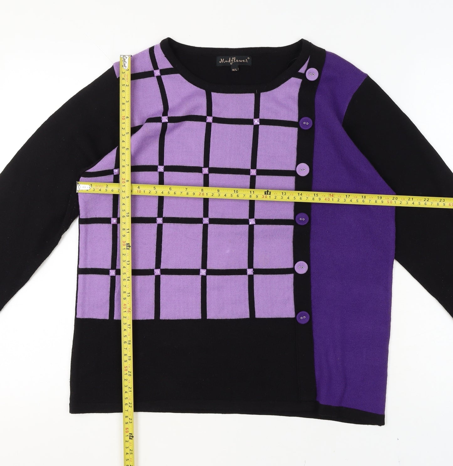 Mudflower Women’s Purple Black Check Knit Jumper M Crew Neck
