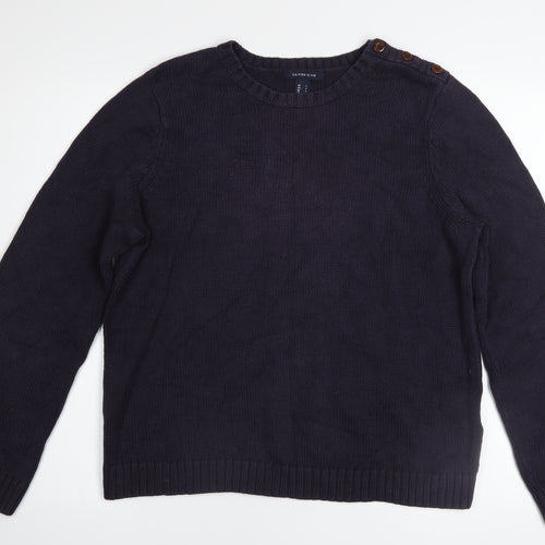 Lands' End Men’s Blue Cotton Crew Neck Button Pullover Jumper L