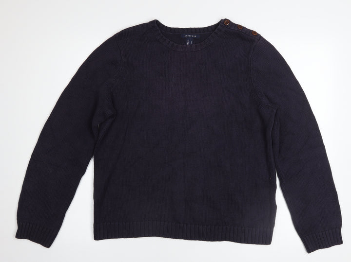 Lands' End Men’s Blue Cotton Crew Neck Button Pullover Jumper L