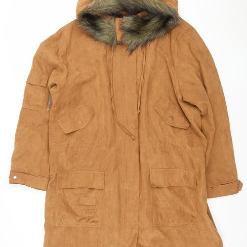 Togener Womens Brown Faux Suede Hooded Parka Coat Size 18