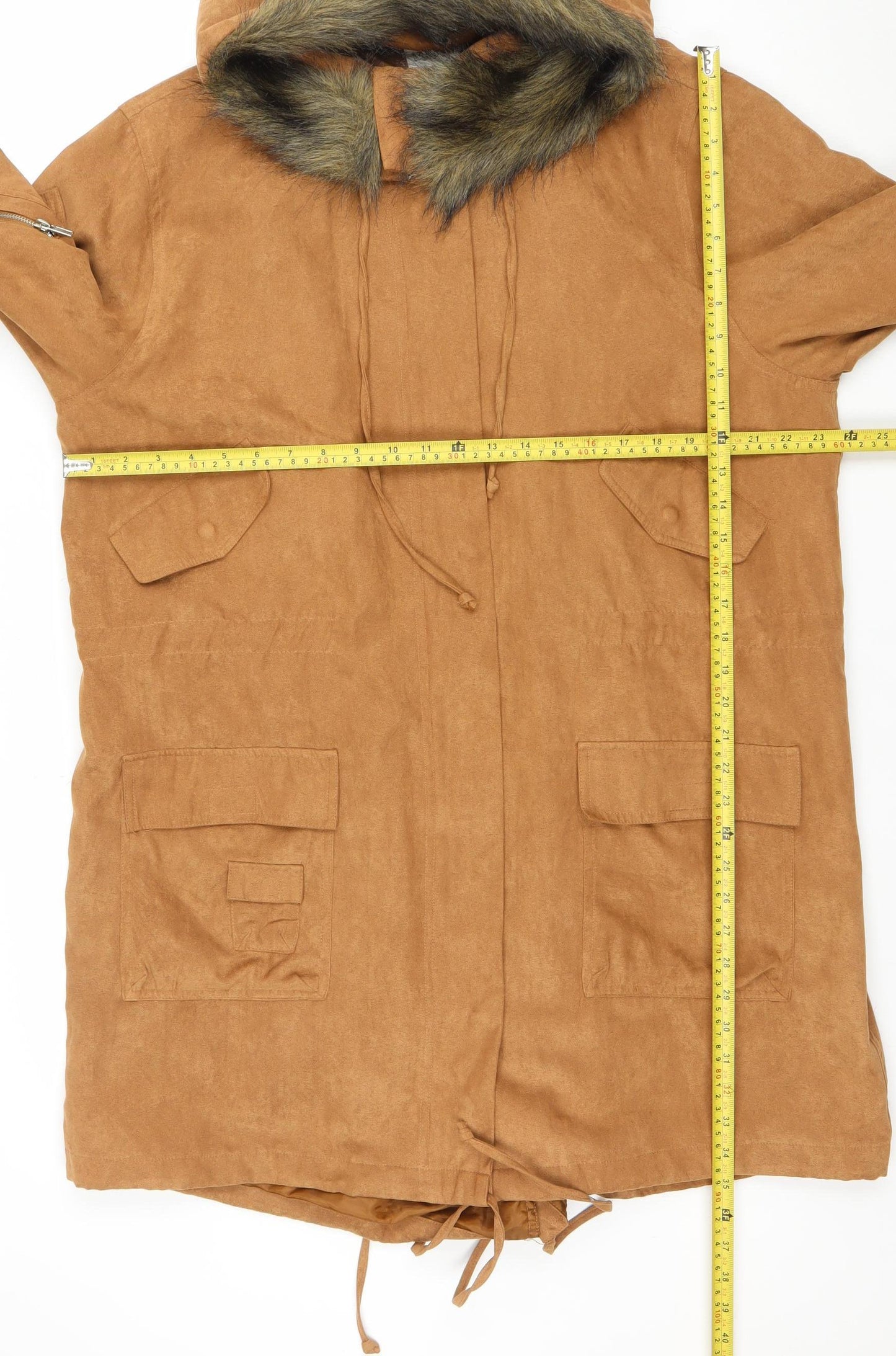 Togener Womens Brown Faux Suede Hooded Parka Coat Size 18