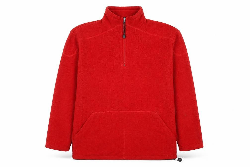 Front view of Urban Spirit men’s red fleece 1/4 zip pullover sweatshirt, size L