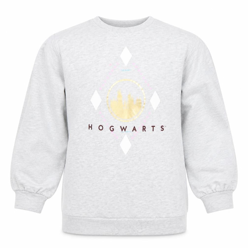 Front view of Harry Potter girls’ grey hogwarts pullover sweatshirt 7-8 years